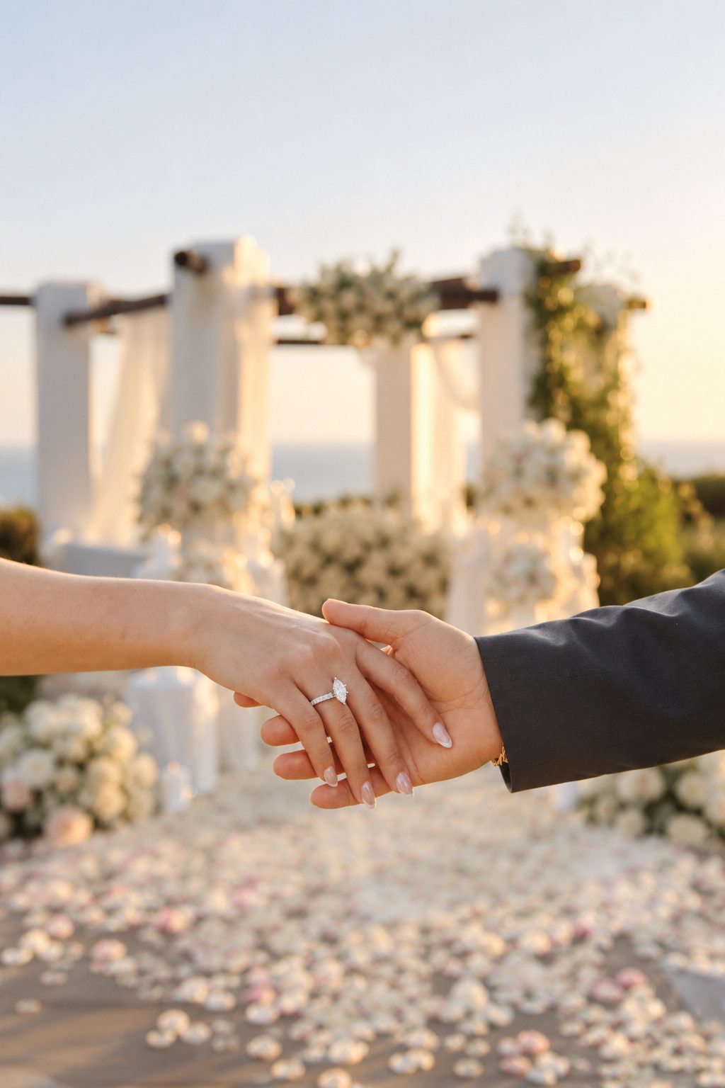 Couple holding hands after a sunset proposal, her new engagement ring in focus, with a white draped floral arch and a petal-covered aisle by Lara Events behind them